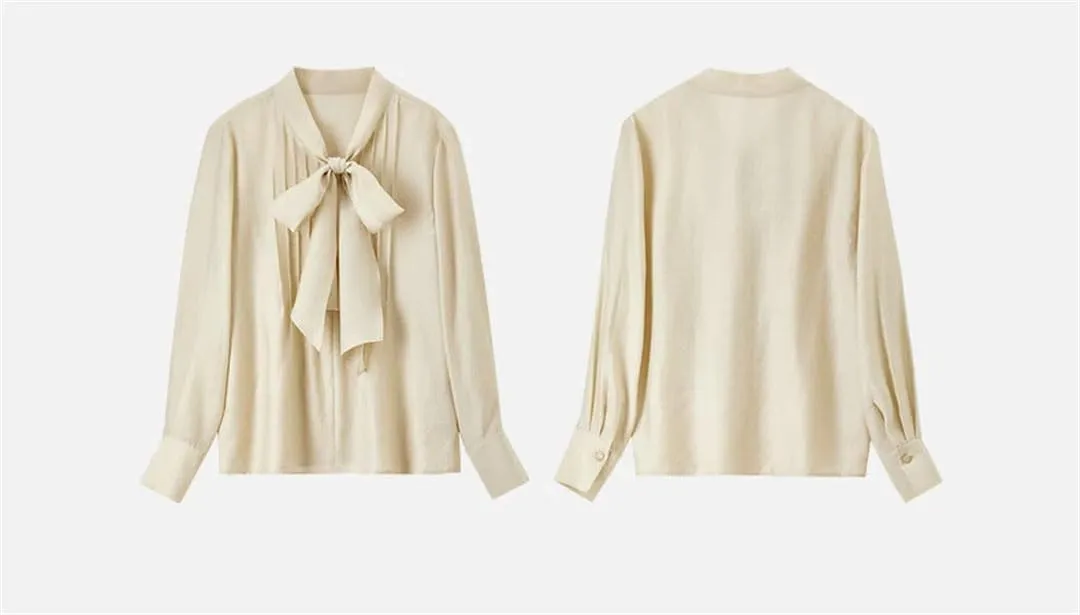 Women Bow Lace Up Collar Blouse Folds Loose Fit Work Business Shirt Office Lady Solid Top