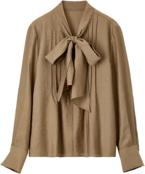 Women Bow Lace Up Collar Blouse Folds Loose Fit Work Business Shirt Office Lady Solid Top