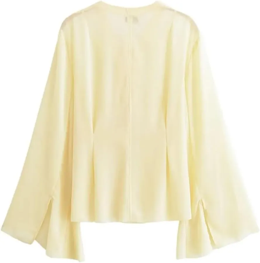 Women Chiffon Blouse with Lace Up V Neck Loose Sleeve Shirts Simple Lightweight Solid Shirts Top
