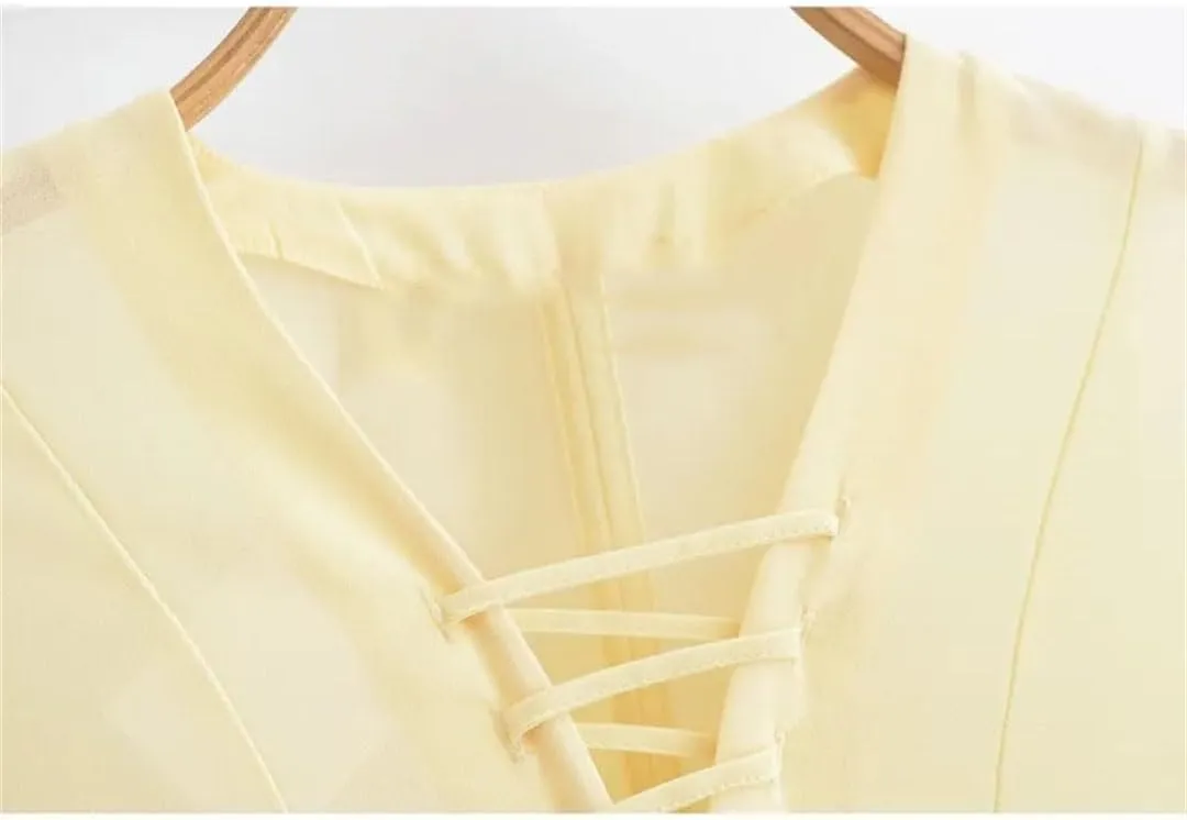 Women Chiffon Blouse with Lace Up V Neck Loose Sleeve Shirts Simple Lightweight Solid Shirts Top