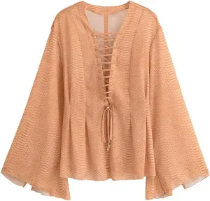 Women Chiffon Blouse with Lace Up V Neck Loose Sleeve Shirts Simple Lightweight Solid Shirts Top