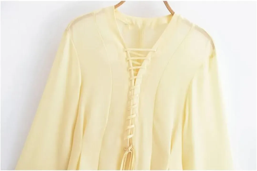 Women Chiffon Blouse with Lace Up V Neck Loose Sleeve Shirts Simple Lightweight Solid Shirts Top