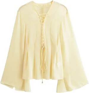 Women Chiffon Blouse with Lace Up V Neck Loose Sleeve Shirts Simple Lightweight Solid Shirts Top