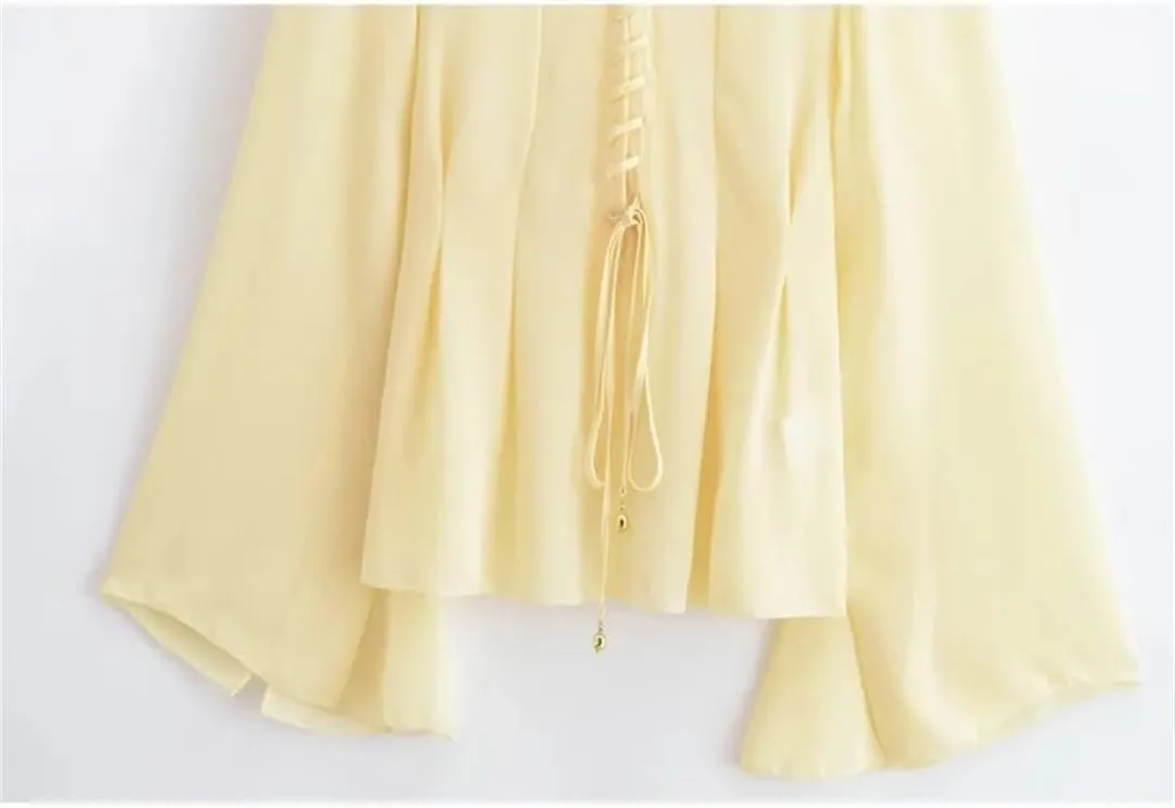 Women Chiffon Blouse with Lace Up V Neck Loose Sleeve Shirts Simple Lightweight Solid Shirts Top
