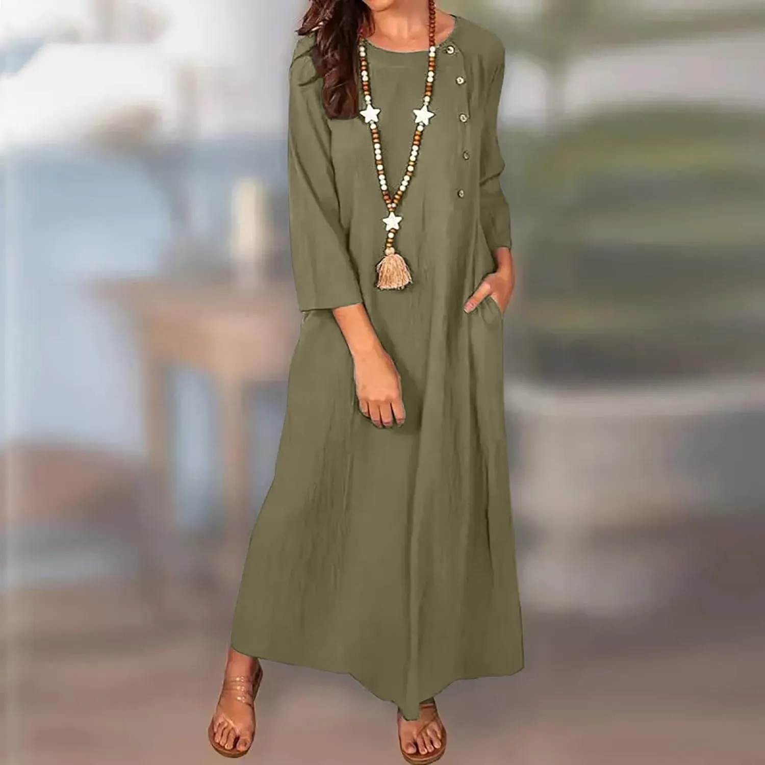 Women Cotton Linen Maxi Dress Round Neck Button Down Loose Maxi Shirt Dress Solid Comfy Holiday Outfits with Pockets