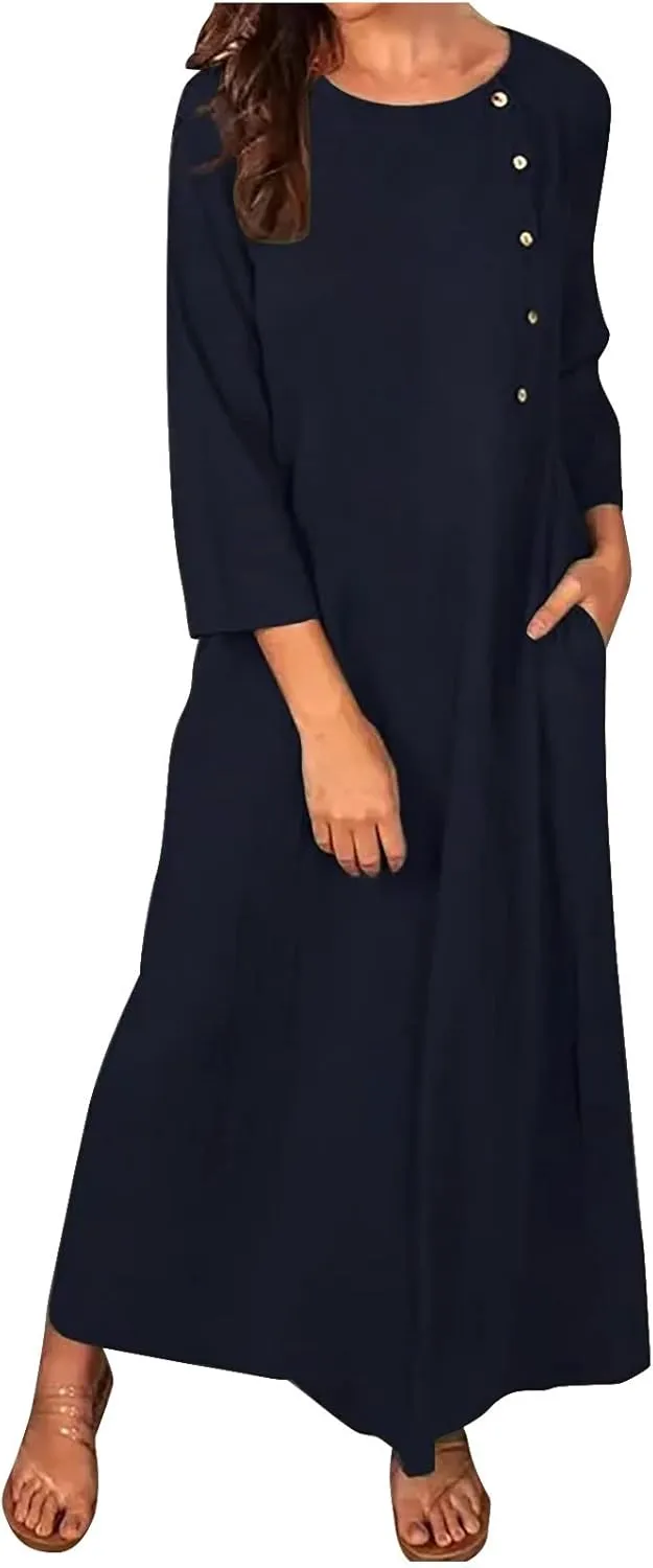Women Cotton Linen Maxi Dress Round Neck Button Down Loose Maxi Shirt Dress Solid Comfy Holiday Outfits with Pockets