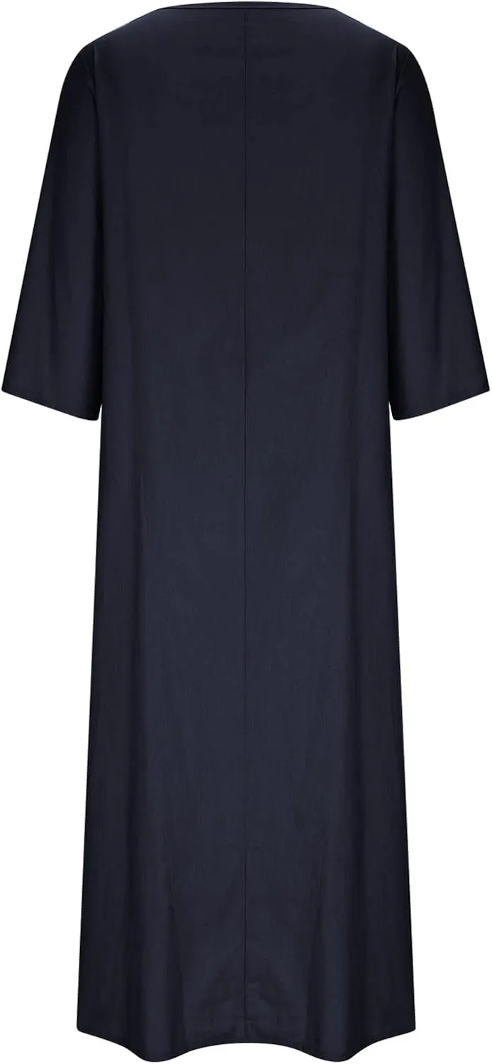 Women Cotton Linen Maxi Dress Round Neck Button Down Loose Maxi Shirt Dress Solid Comfy Holiday Outfits with Pockets