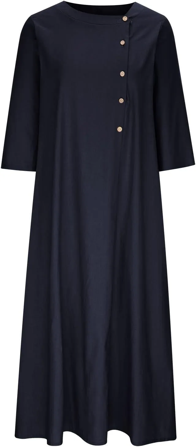 Women Cotton Linen Maxi Dress Round Neck Button Down Loose Maxi Shirt Dress Solid Comfy Holiday Outfits with Pockets