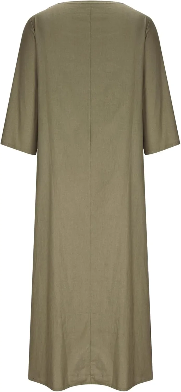 Women Cotton Linen Maxi Dress Round Neck Button Down Loose Maxi Shirt Dress Solid Comfy Holiday Outfits with Pockets