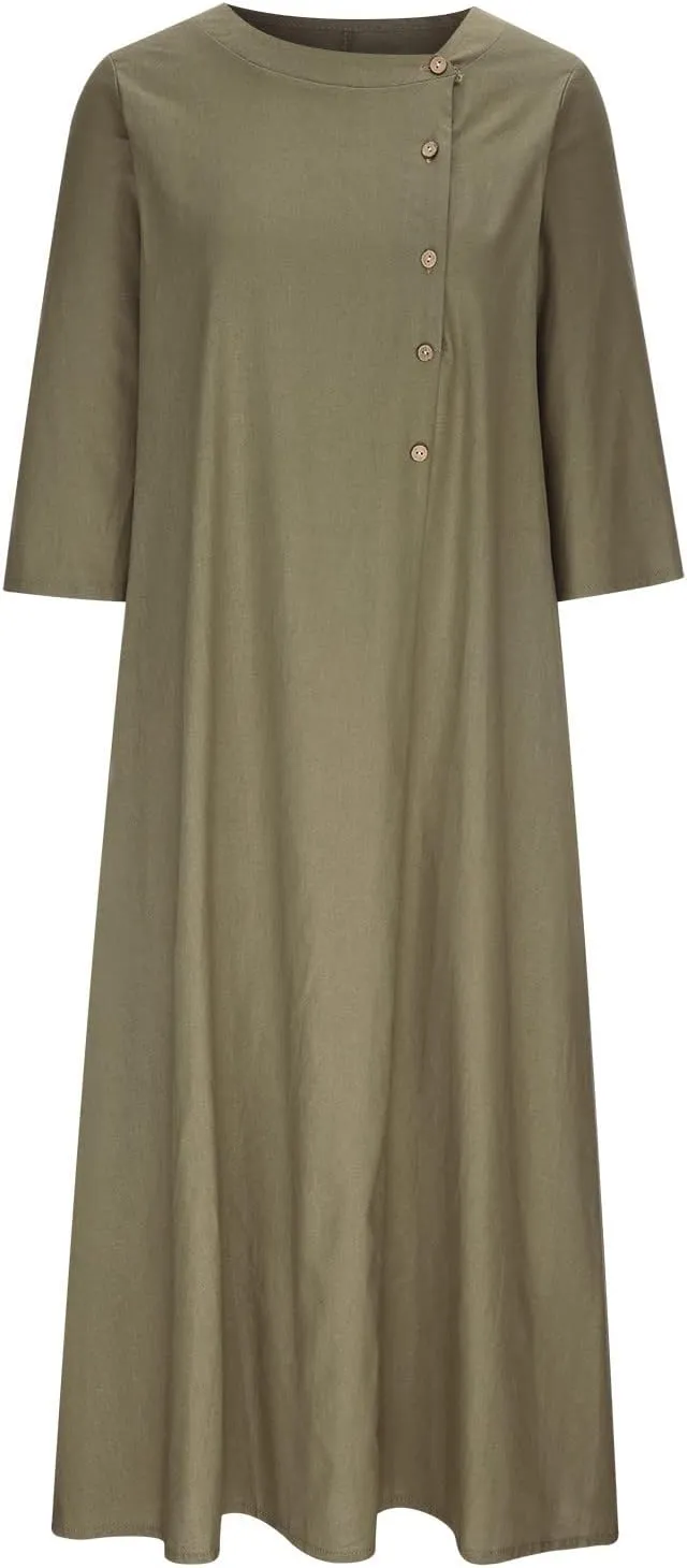 Women Cotton Linen Maxi Dress Round Neck Button Down Loose Maxi Shirt Dress Solid Comfy Holiday Outfits with Pockets