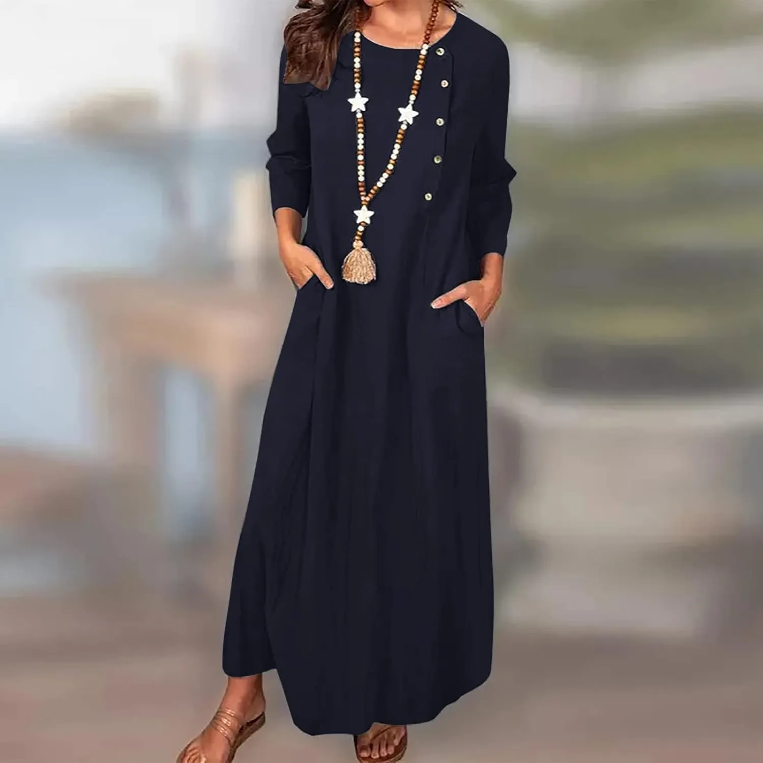 Women Cotton Linen Maxi Dress Round Neck Button Down Loose Maxi Shirt Dress Solid Comfy Holiday Outfits with Pockets