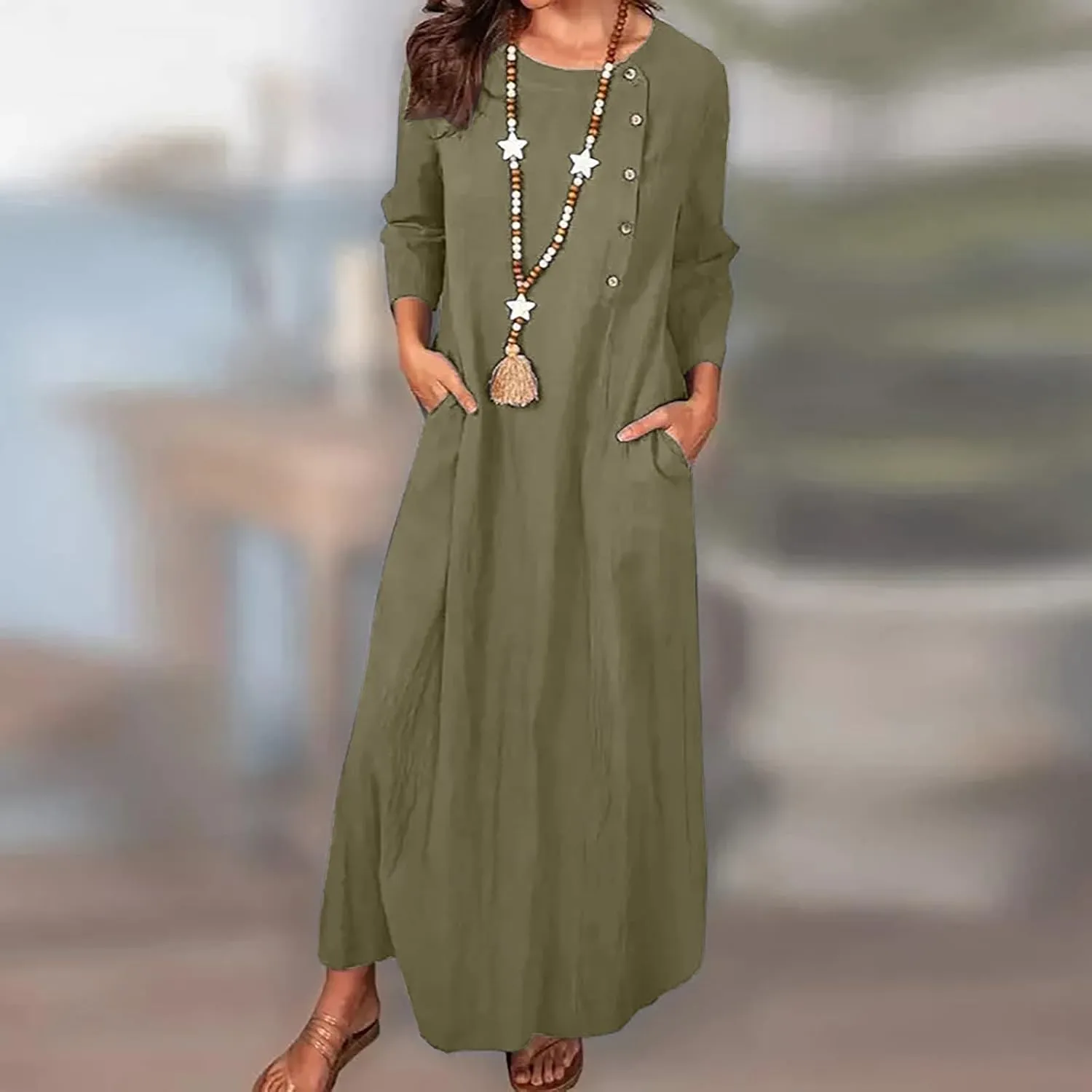 Women Cotton Linen Maxi Dress Round Neck Button Down Loose Maxi Shirt Dress Solid Comfy Holiday Outfits with Pockets