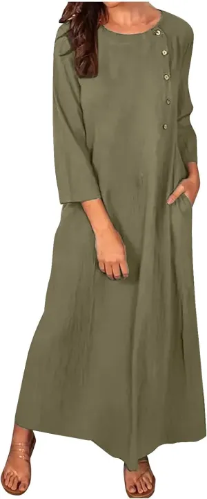 Women Cotton Linen Maxi Dress Round Neck Button Down Loose Maxi Shirt Dress Solid Comfy Holiday Outfits with Pockets