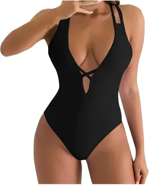 Women Cut Out One Piece Swimsuit Deep V Neck Strappy Sexy Tummy Control Bathing Suit Beach Vacation Solid Swimwear