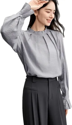 Women Dressy Casual Office Blouses Ruffled Edge Folded Neck Loose Shirt Tops