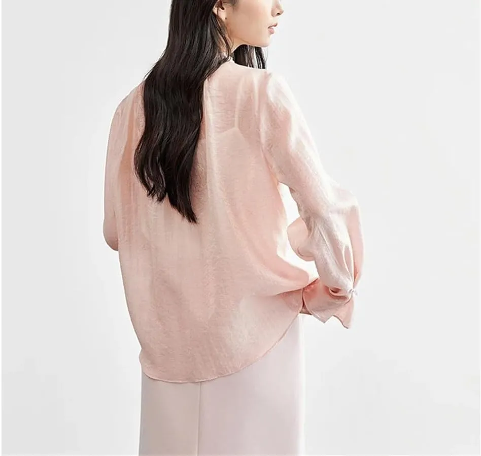 Women Dressy Casual Office Blouses Ruffled Edge Folded Neck Loose Shirt Tops