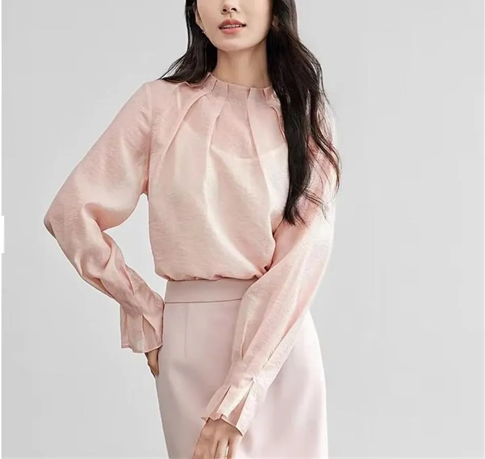 Women Dressy Casual Office Blouses Ruffled Edge Folded Neck Loose Shirt Tops