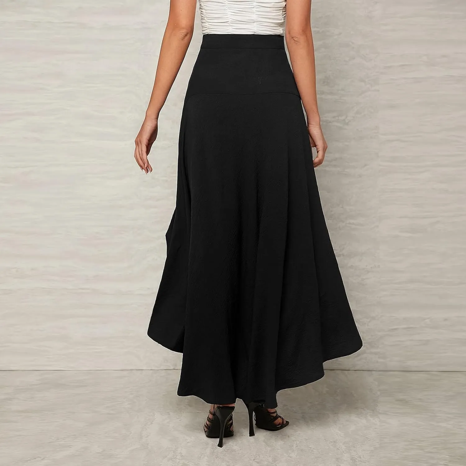 Women High Low Sheer Mesh Skirt High Waist Flowy Flare Hem Maxi Long Skirts