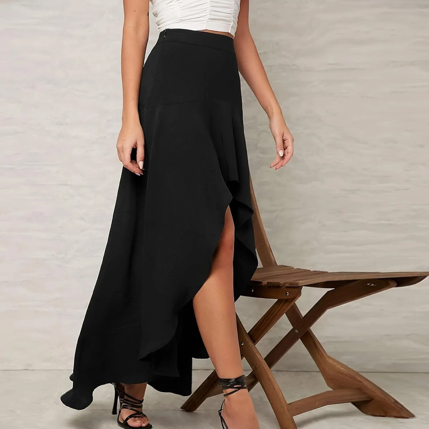 Women High Low Sheer Mesh Skirt High Waist Flowy Flare Hem Maxi Long Skirts