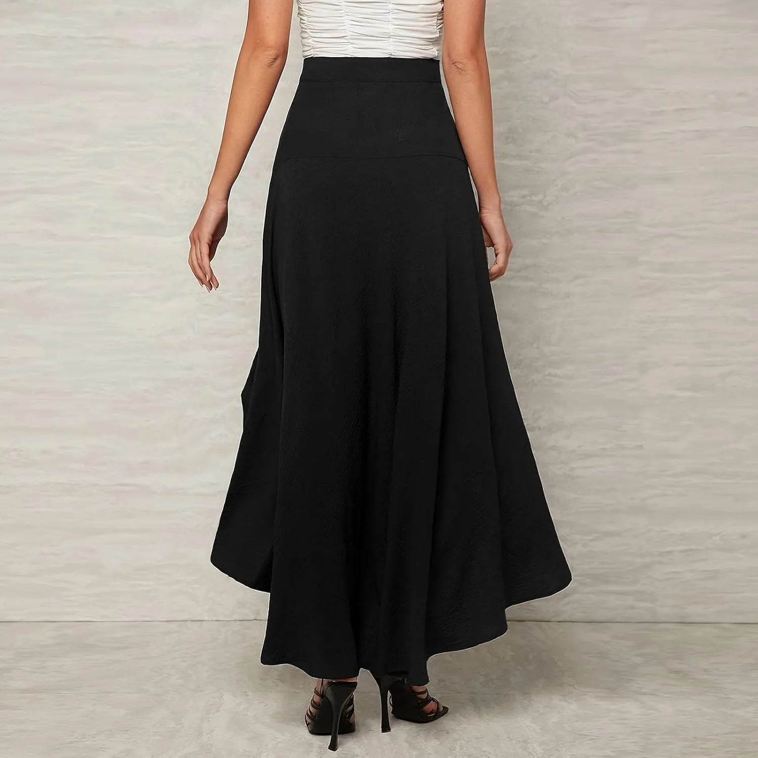 Women High Low Sheer Mesh Skirt High Waist Flowy Flare Hem Maxi Long Skirts
