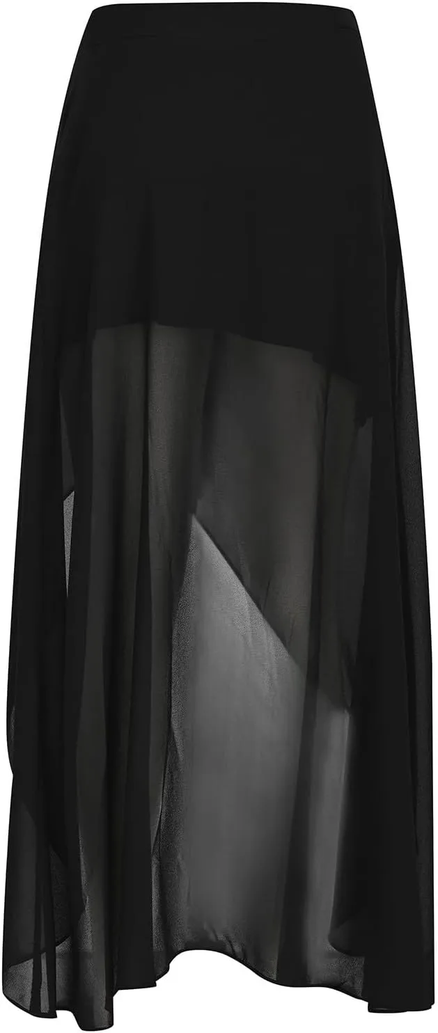 Women High Low Sheer Mesh Skirt High Waist Flowy Flare Hem Maxi Long Skirts