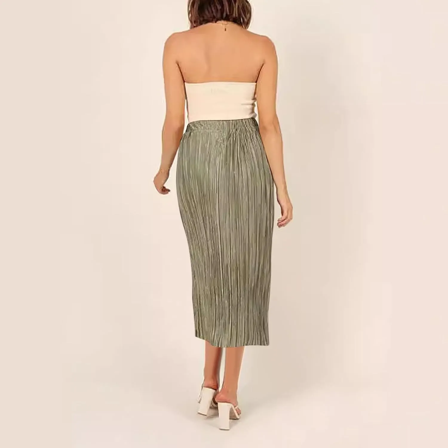 Women High Waist Pleated Skirts Trendy Split Thigh Skirt Summer Boho Flowy Maxi Skirt Solid A Line Beach Long Skirts
