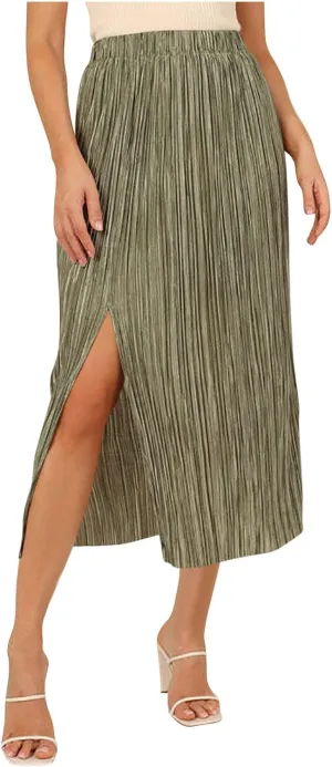 Women High Waist Pleated Skirts Trendy Split Thigh Skirt Summer Boho Flowy Maxi Skirt Solid A Line Beach Long Skirts