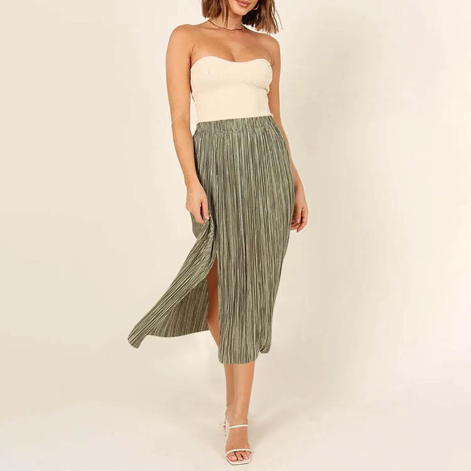 Women High Waist Pleated Skirts Trendy Split Thigh Skirt Summer Boho Flowy Maxi Skirt Solid A Line Beach Long Skirts
