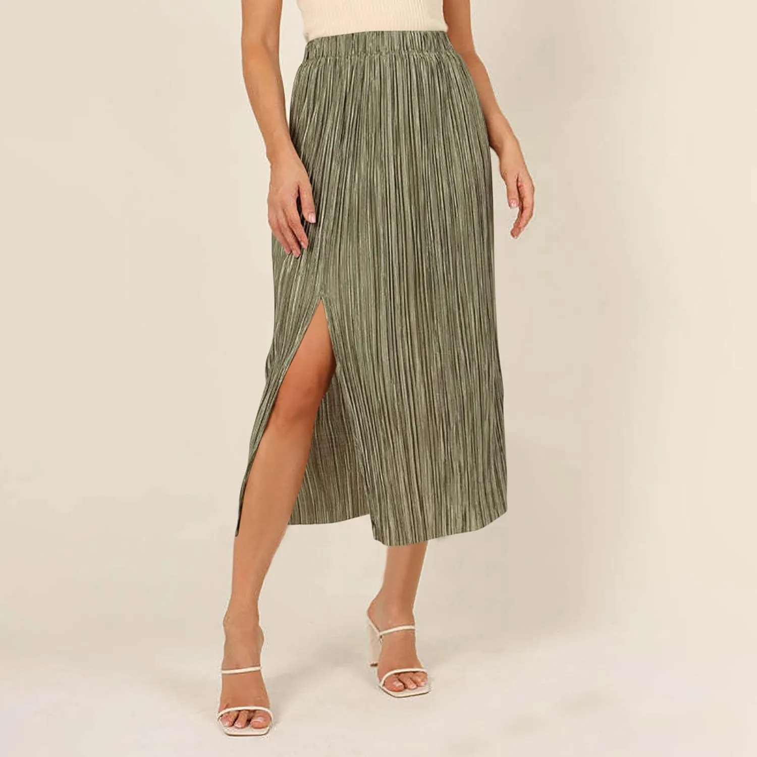 Women High Waist Pleated Skirts Trendy Split Thigh Skirt Summer Boho Flowy Maxi Skirt Solid A Line Beach Long Skirts