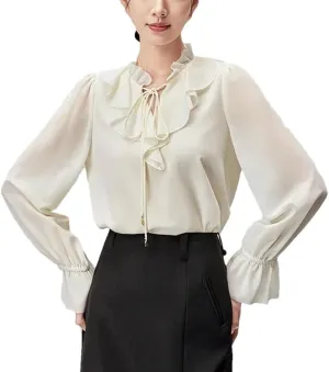 Women Korean Style Ruffled Blouses Lace Up Bow Collar Chiffon Flared Sleeve Office Casual Tops