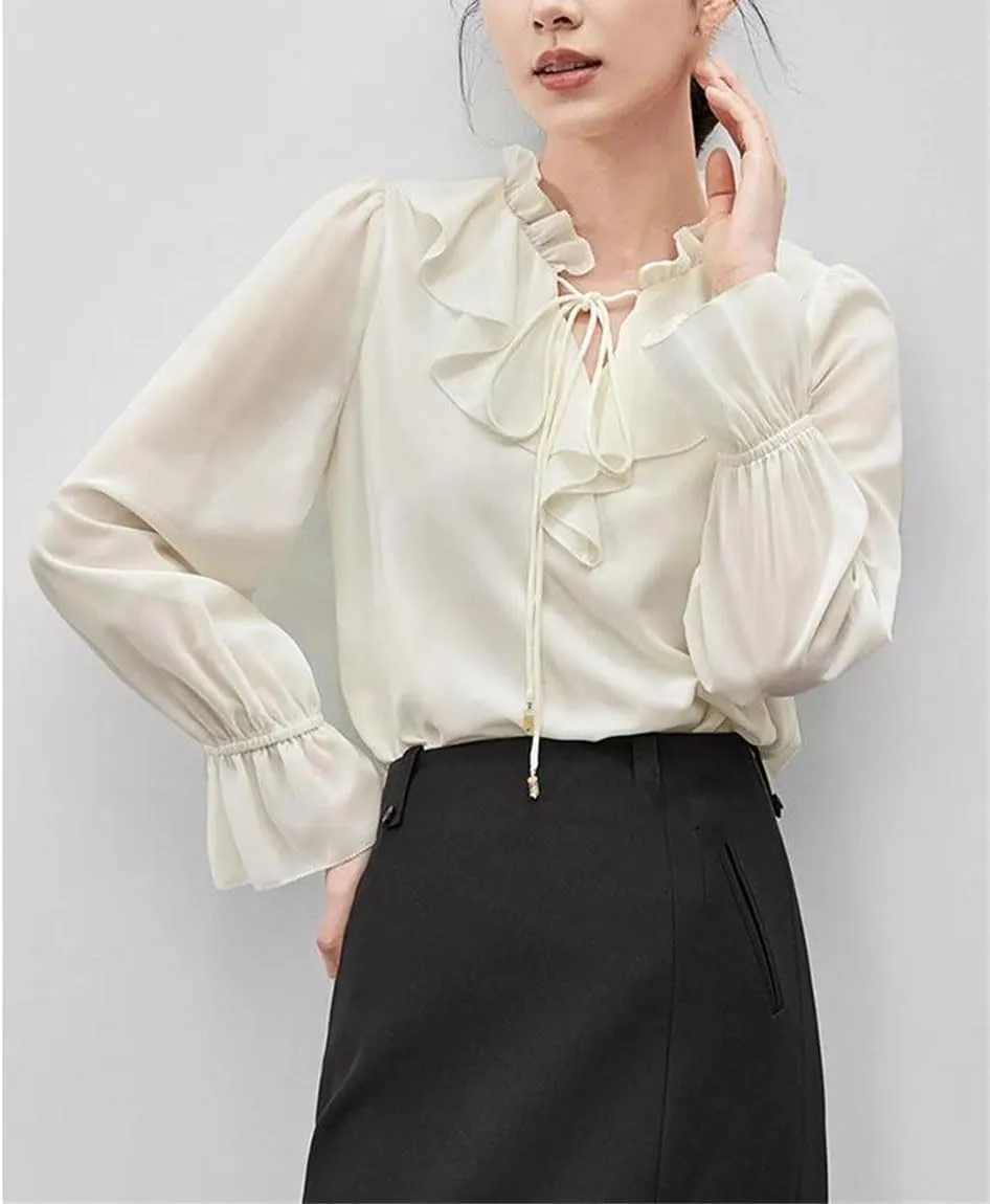 Women Korean Style Ruffled Blouses Lace Up Bow Collar Chiffon Flared Sleeve Office Casual Tops