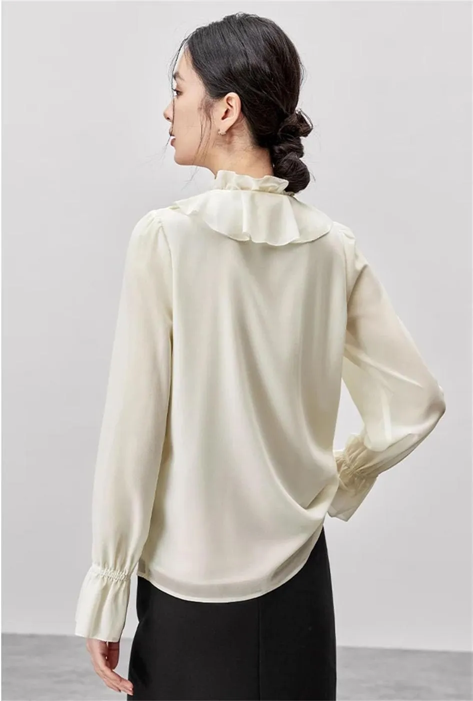Women Korean Style Ruffled Blouses Lace Up Bow Collar Chiffon Flared Sleeve Office Casual Tops