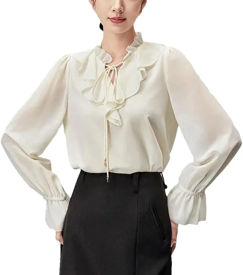 Women Korean Style Ruffled Blouses Lace Up Bow Collar Chiffon Flared Sleeve Office Casual Tops
