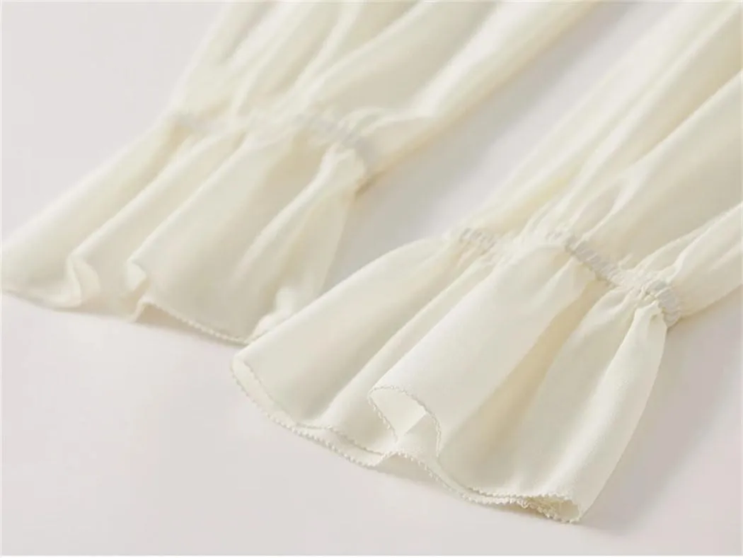 Women Korean Style Ruffled Blouses Lace Up Bow Collar Chiffon Flared Sleeve Office Casual Tops
