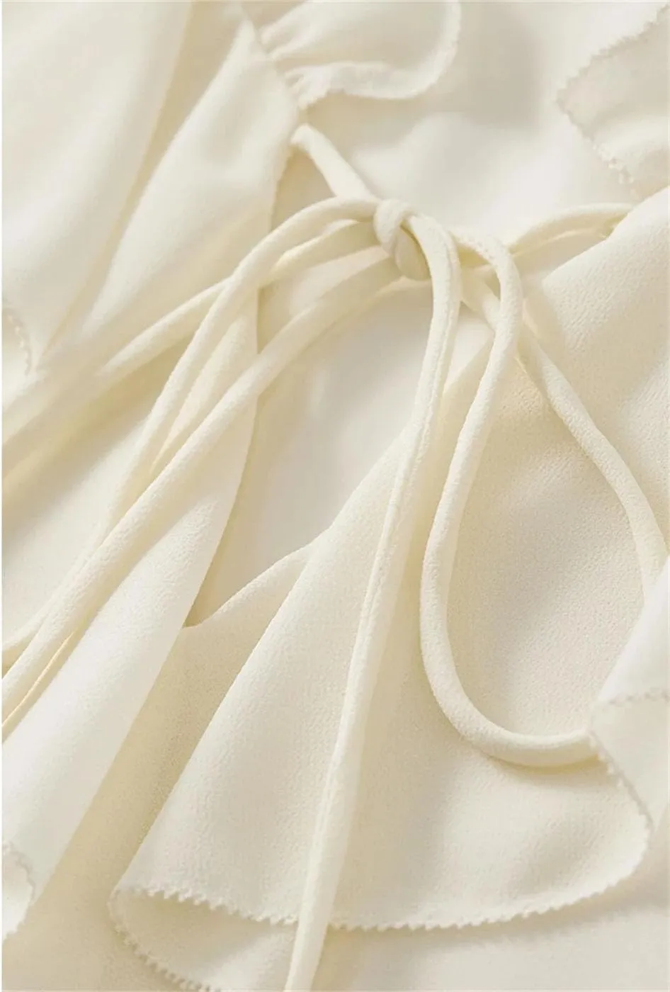 Women Korean Style Ruffled Blouses Lace Up Bow Collar Chiffon Flared Sleeve Office Casual Tops