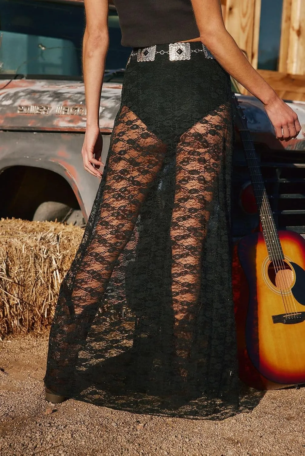 Women Lace Long Skirt Sexy See Through High Waist A-Line Skirts High Split Beach Party Floral Maxi Skirts