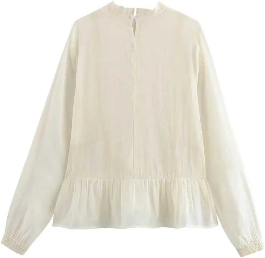 Women Lace Patchwork Blouses Crew Neck Long Sleeve Chiffon Tunic Shirts Holiday Wear Loose Tops