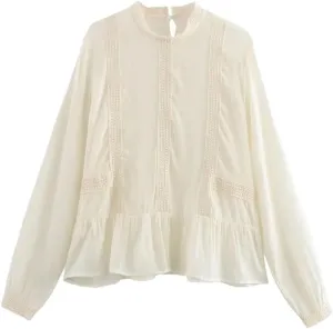 Women Lace Patchwork Blouses Crew Neck Long Sleeve Chiffon Tunic Shirts Holiday Wear Loose Tops