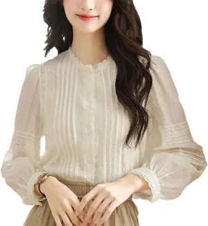 Women Lace Splicing Blouses Chiffon Loose Fit Business Casual Shirt Spring-Summer Office Tops