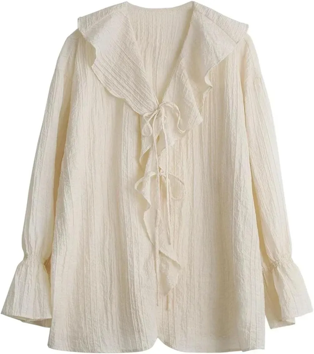 Women Lace-Up V Neck Blouse Ruffled Edges Loose Fit Shirt Spring- Summer Casual Mid Length Tops