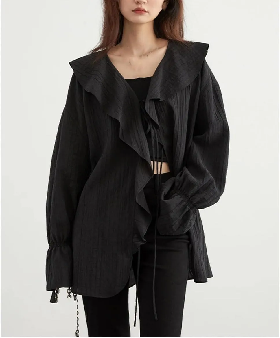 Women Lace-Up V Neck Blouse Ruffled Edges Loose Fit Shirt Spring- Summer Casual Mid Length Tops