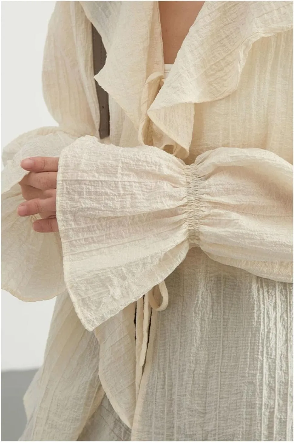 Women Lace-Up V Neck Blouse Ruffled Edges Loose Fit Shirt Spring- Summer Casual Mid Length Tops