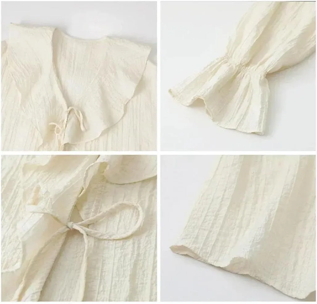 Women Lace-Up V Neck Blouse Ruffled Edges Loose Fit Shirt Spring- Summer Casual Mid Length Tops
