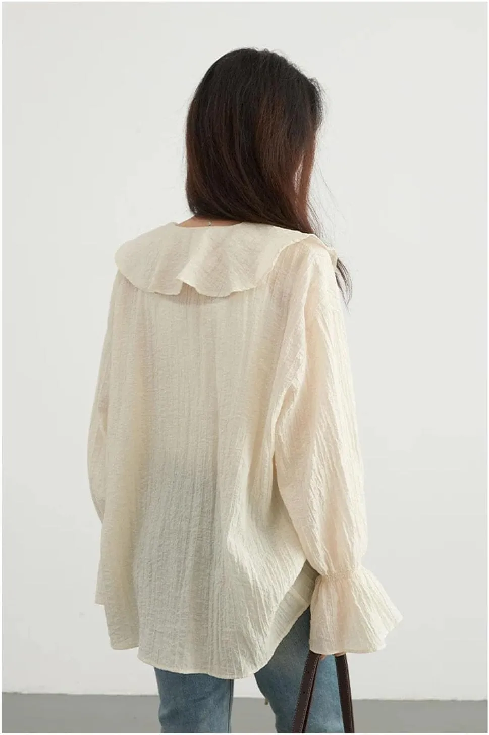 Women Lace-Up V Neck Blouse Ruffled Edges Loose Fit Shirt Spring- Summer Casual Mid Length Tops