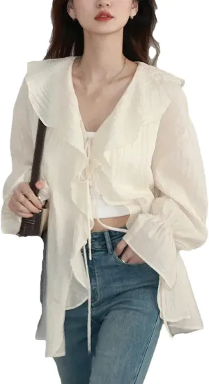 Women Lace-Up V Neck Blouse Ruffled Edges Loose Fit Shirt Spring- Summer Casual Mid Length Tops