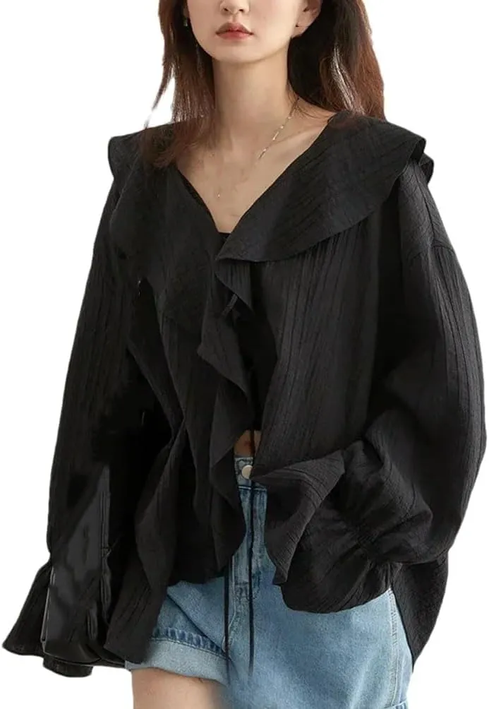 Women Lace-Up V Neck Blouse Ruffled Edges Loose Fit Shirt Spring- Summer Casual Mid Length Tops