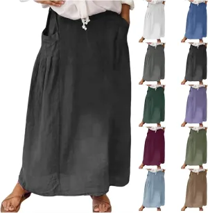 Women Linen Maxi Skirts Elastic Waist A-Line Long Skirt with Pocket Plus Size Summer Vacation Dress 2025 Trendy