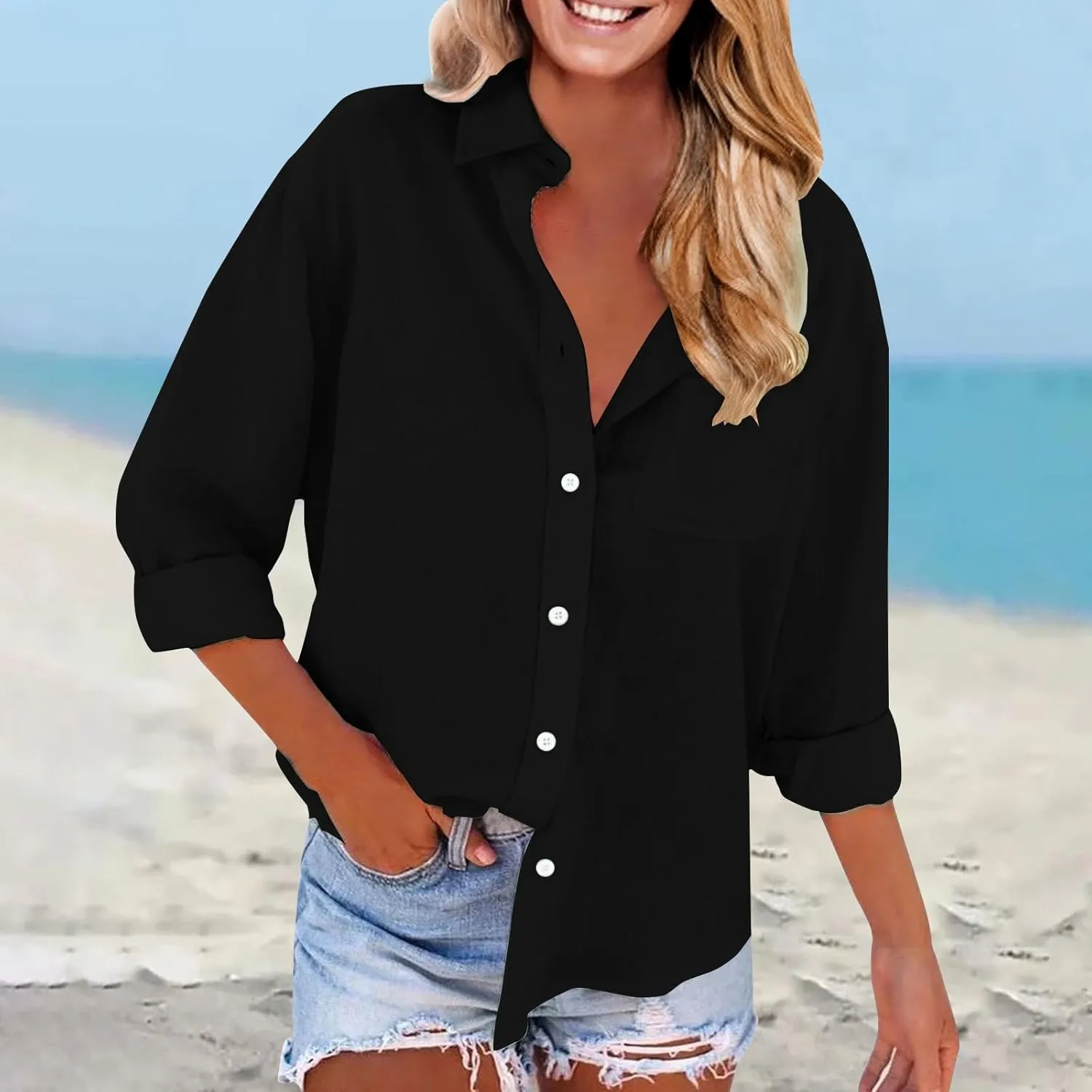 Women Linen Shirts Long Sleeve Stand-up Collar Button-up Business Shirt Summer Fashion Causal Loose Fit Linen Outfits