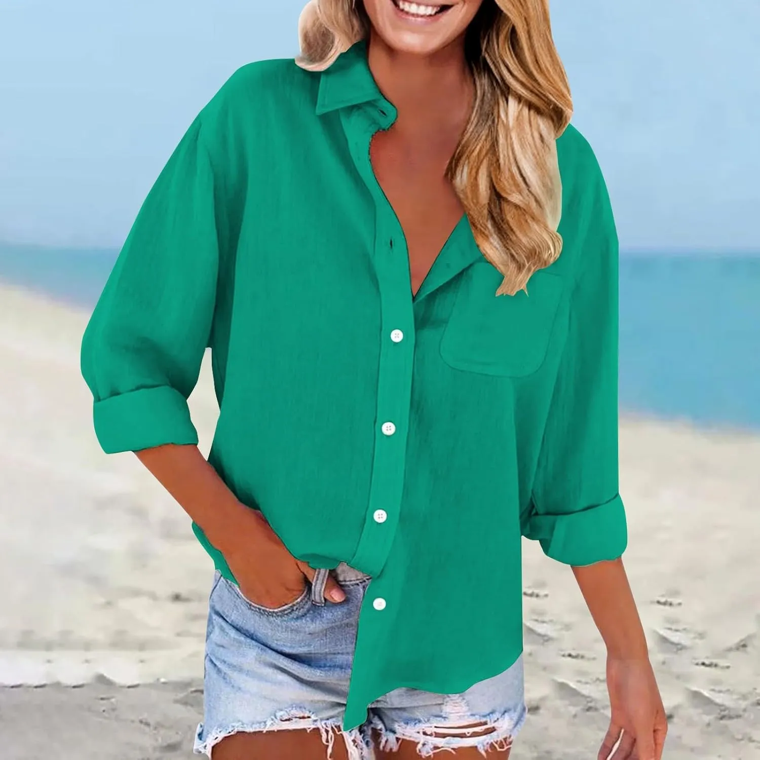 Women Linen Shirts Long Sleeve Stand-up Collar Button-up Business Shirt Summer Fashion Causal Loose Fit Linen Outfits