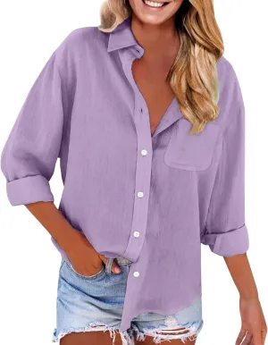 Women Linen Shirts Long Sleeve Stand-up Collar Button-up Business Shirt Summer Fashion Causal Loose Fit Linen Outfits